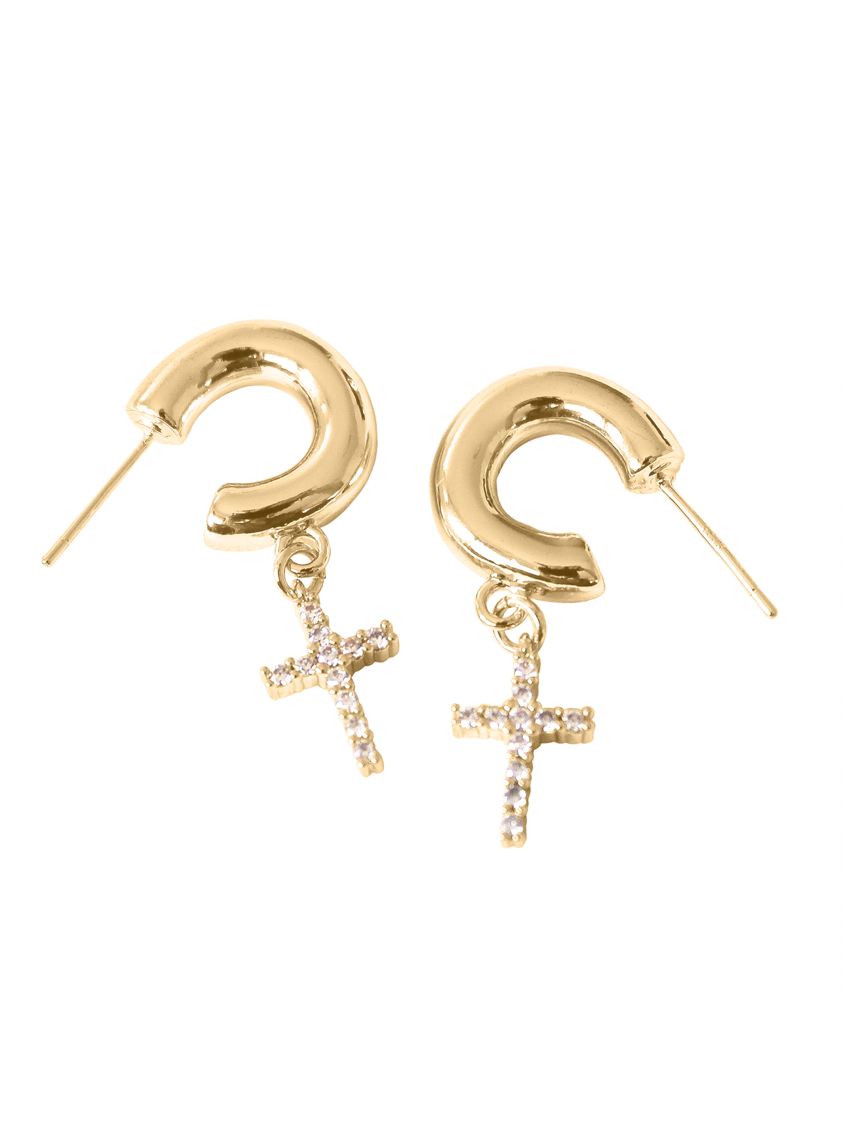 The Victoria Hoop by Kinsey Designs Archives features 1.5" gold filled hoops with small, sparkling cross pendants, displayed on a white background.