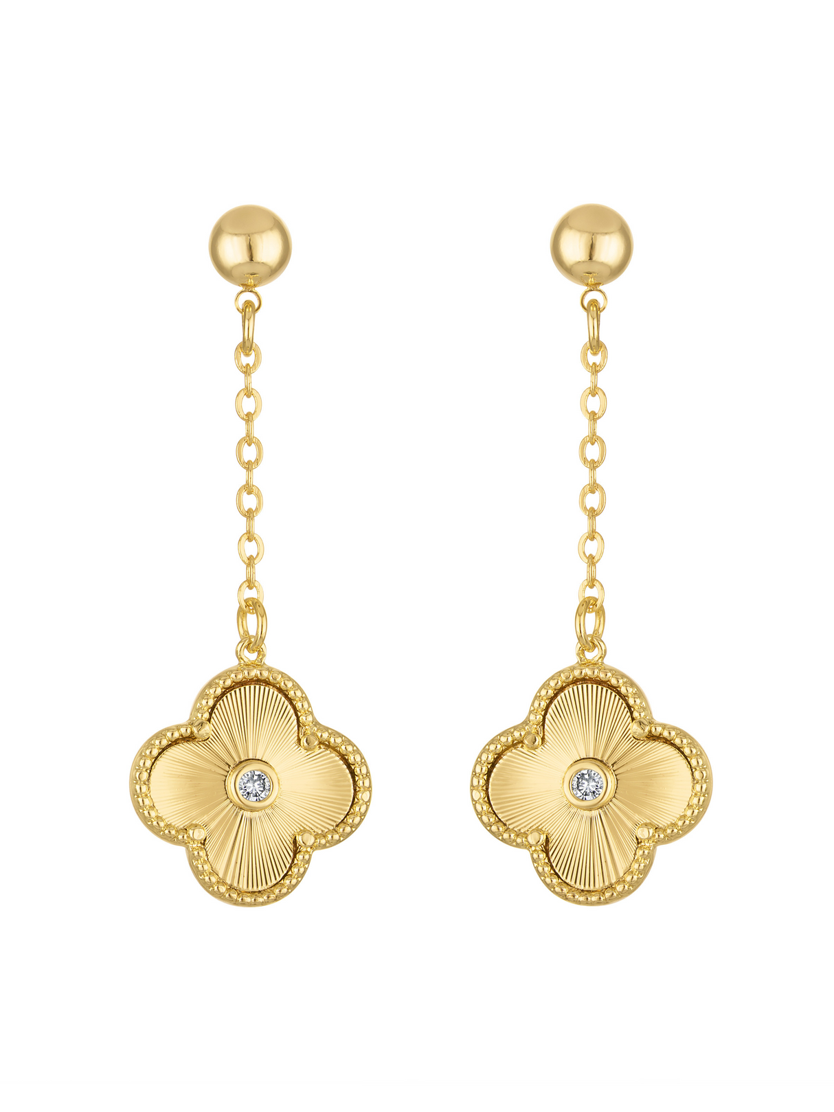 The Vivienne Quatrefoil Drop Earring by Kinsey Designs features gold clover-shaped pendants with central gemstones, linked by a delicate chain for an elegant drop style.