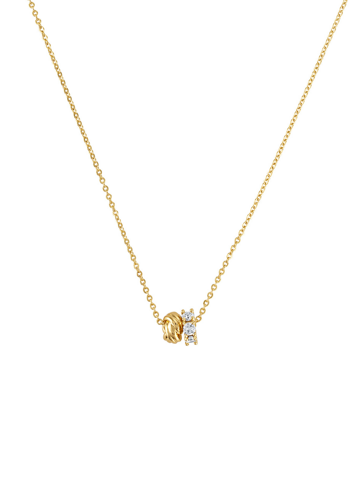 The Wes Rondelle Adjustable Necklace by Kinsey Designs features a twisted gold knot and a CZ pendant bar adorned with small clear stones, displayed on a white background.