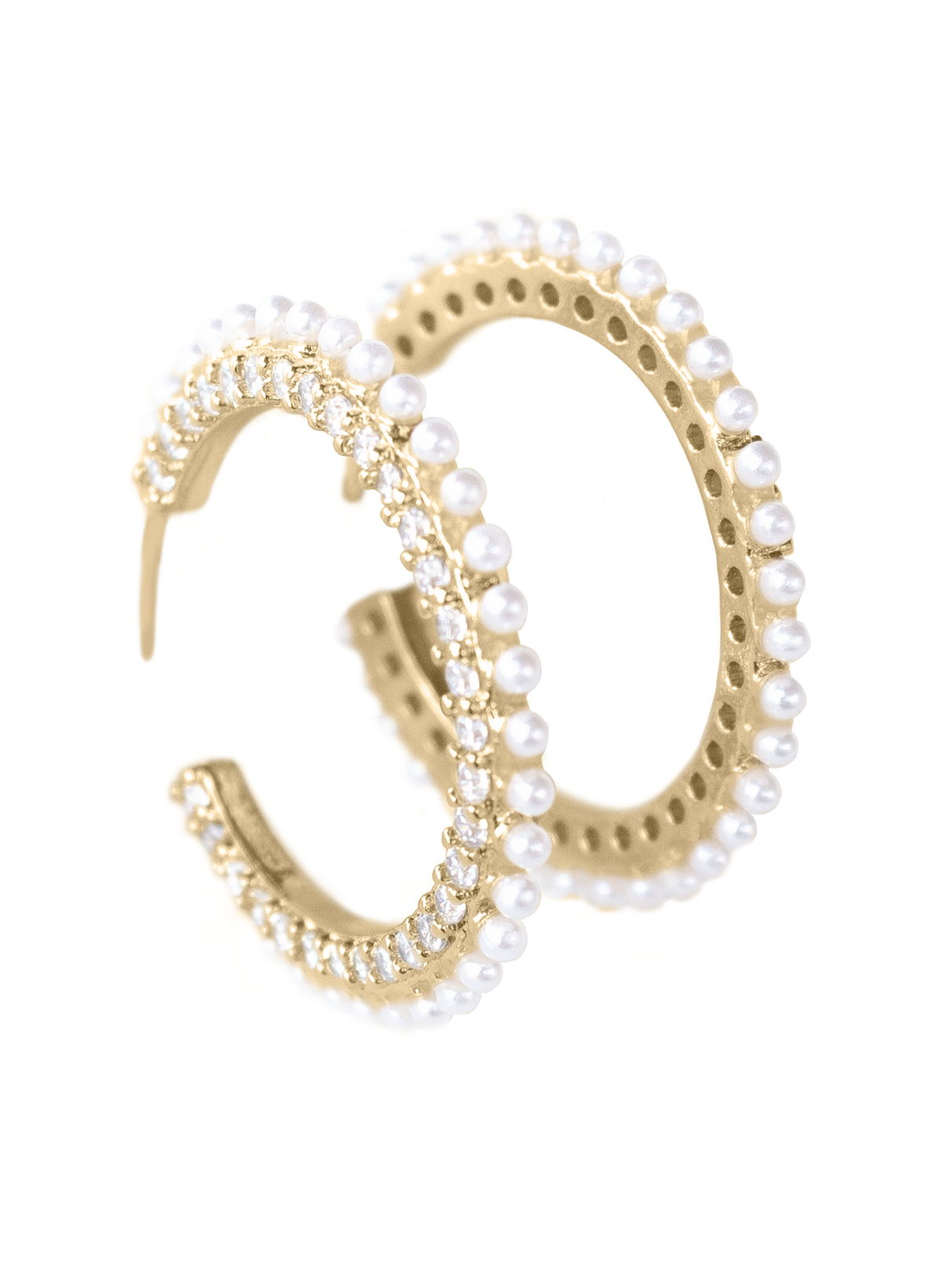 The Kinsey Designs Archives Whit Hoop earrings feature small pearls and sparkling cubic zirconia, shown on a white background—a perfect choice for any sample sale.