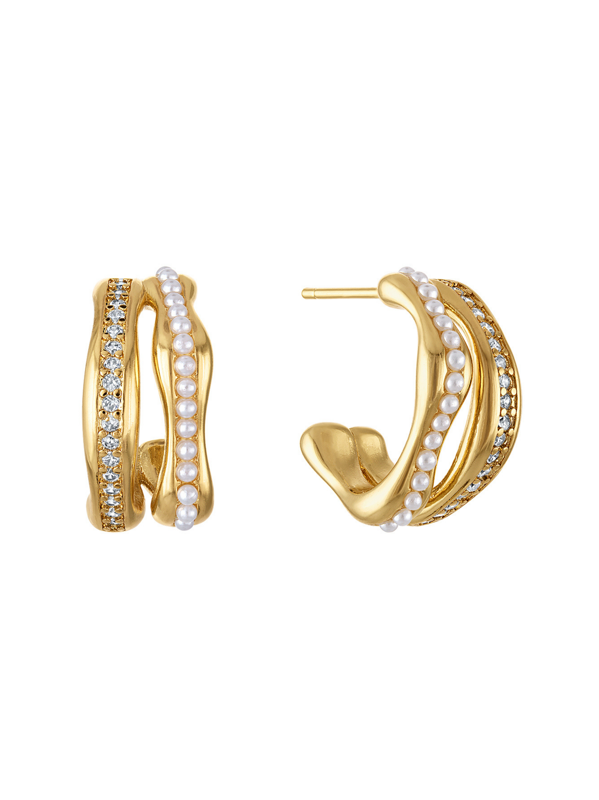 The Zane Double Earring by Kinsey Designs features gold hoops with a wavy design, small pearls, and sparkling CZ crystals, adding elegant style to any look.