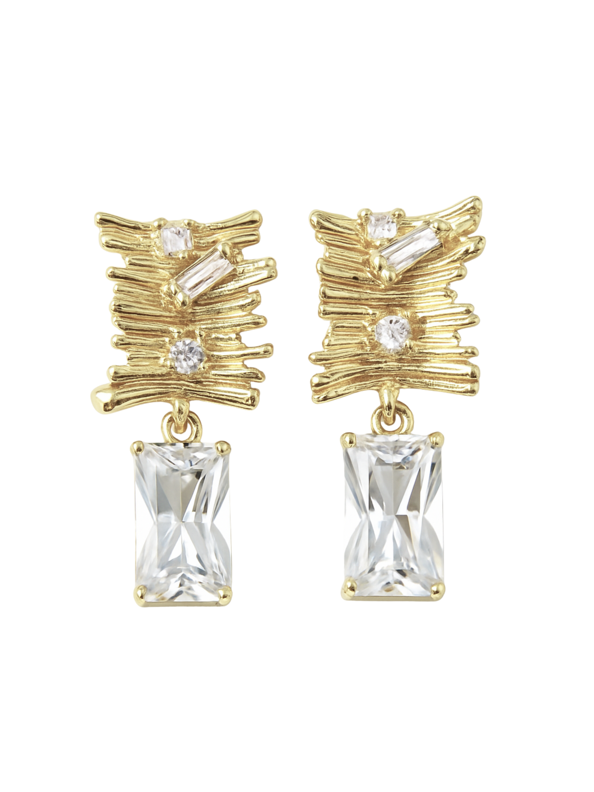 The Zaza Earring by Kinsey Designs is 1.3" long, gold filled, and features a textured design with rectangular clear gems beneath small round and baguette stones.
