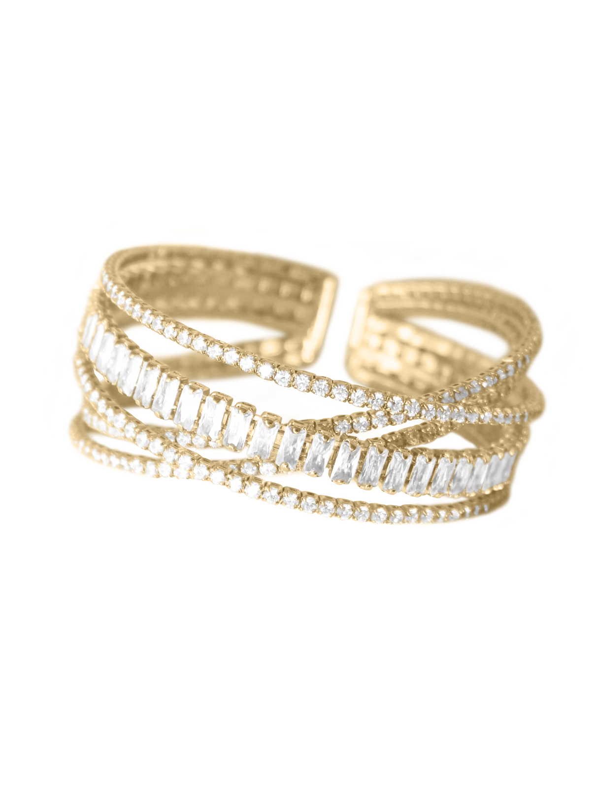 The Zara Cuff Bracelet by Kinsey Designs Archives features crisscrossed rows of rectangular and round white gemstones in a gold filled, open, adjustable design.