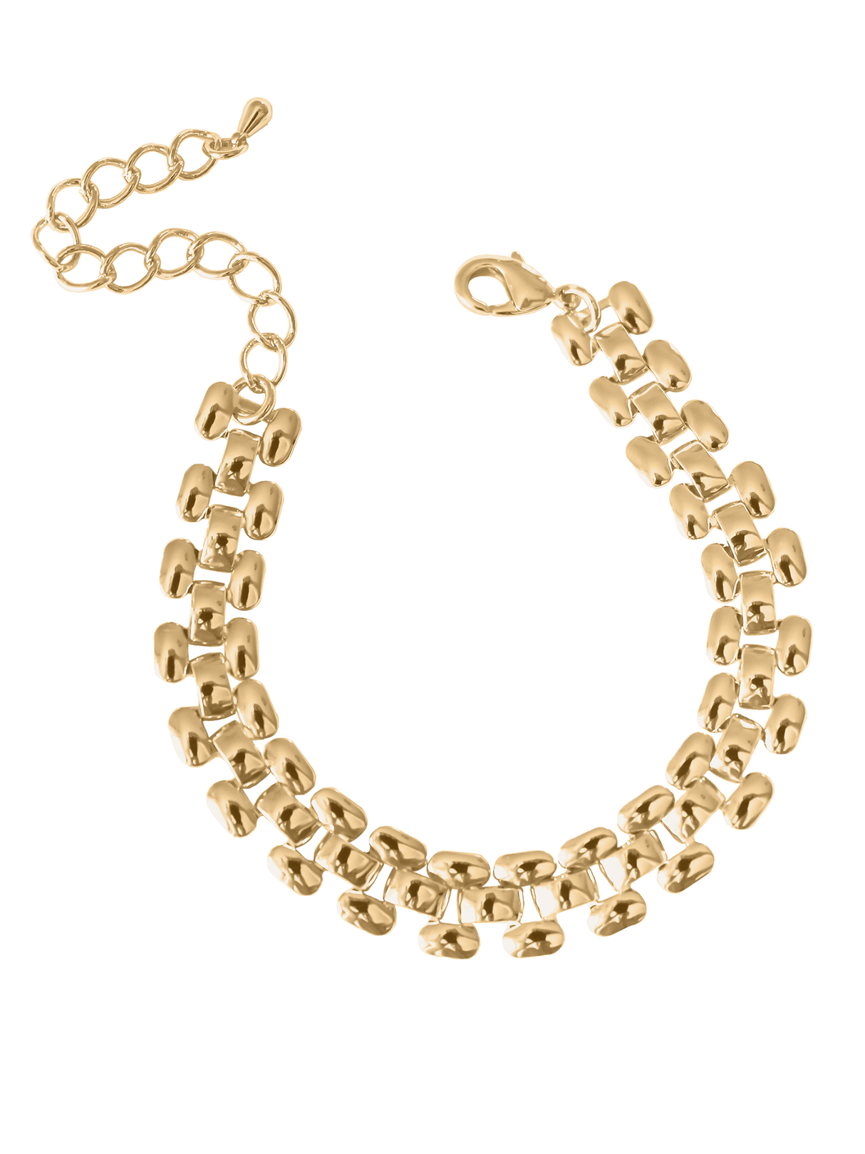 The Basque Bracelet from the Kinsey Designs Collection features two rows of rounded gold-filled links and an adjustable clasp, sized for a 6-inch fit. Shown on a white background, it’s perfect for lovers of elegant sample sale jewelry.