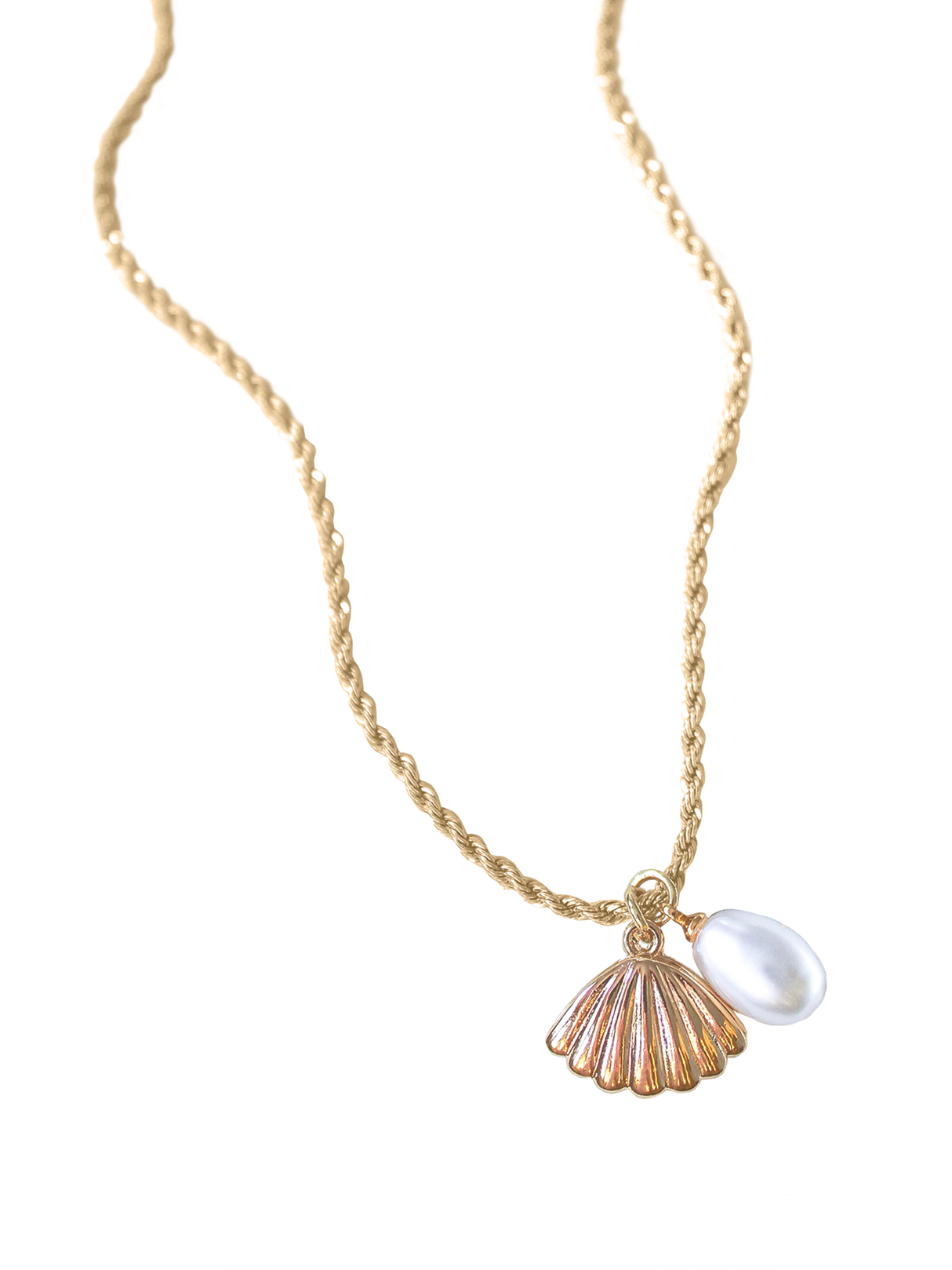 The Cove Pearl Necklace by Kinsey Designs Archives features a gold chain with a shell charm and white oval bead, evoking the look of a delicate seashell locket, shown isolated on a white background.