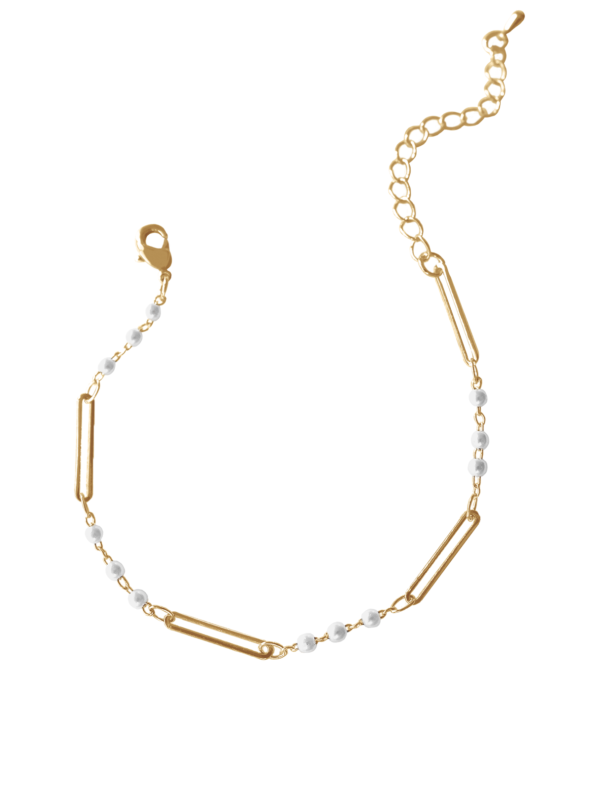 The Marina Pearl Bracelet by Kinsey Designs Archives features elongated gold links, small white pearls, and an adjustable clasp for a perfect fit.