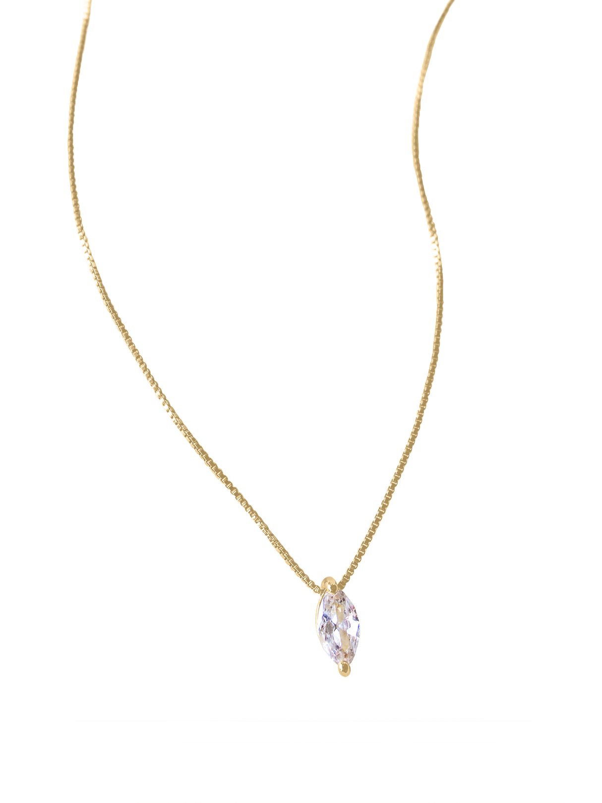 The Marquise Slide Necklace by Kinsey Designs Archives features a delicate gold-filled chain with a single marquise-shaped cubic zirconia pendant, shown on a white background.