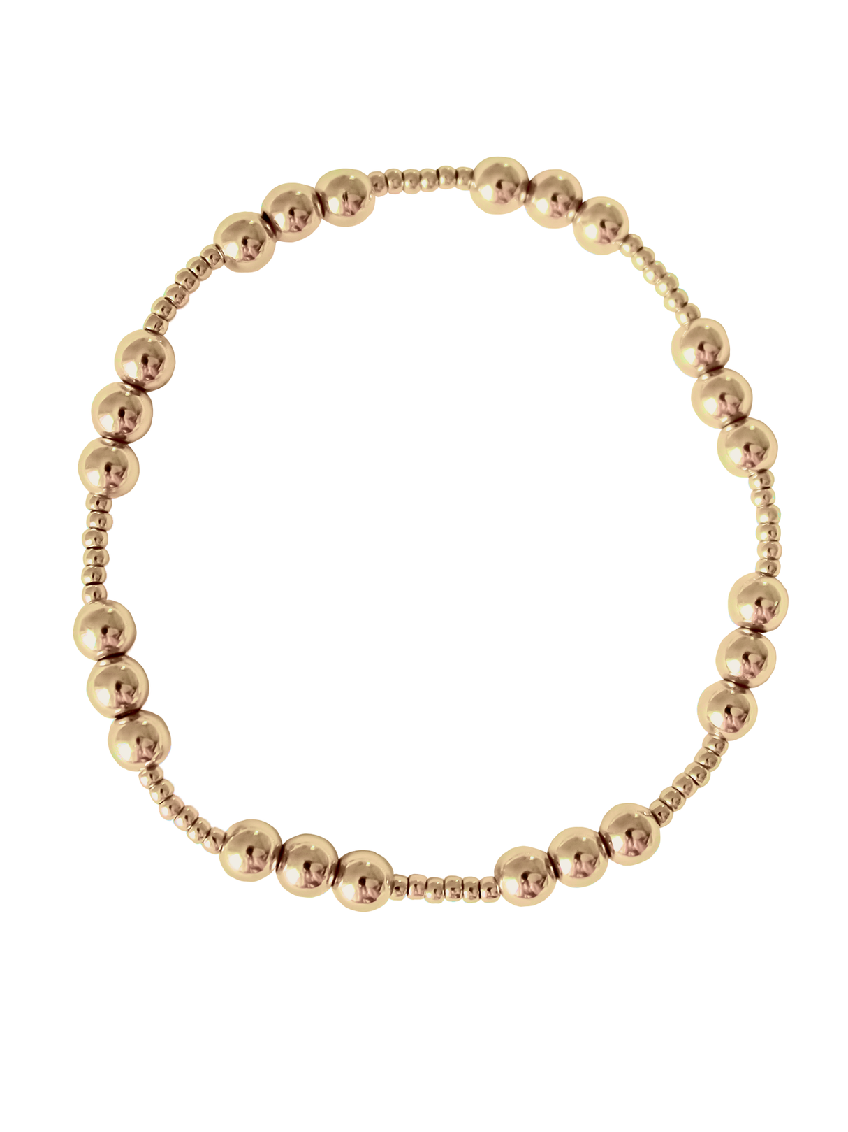 The Mia Bracelet by Kinsey Designs, shown in multiple sizes, is a gold-filled beaded bracelet with an adjustable stretch design, arranged in a circle on a white background.