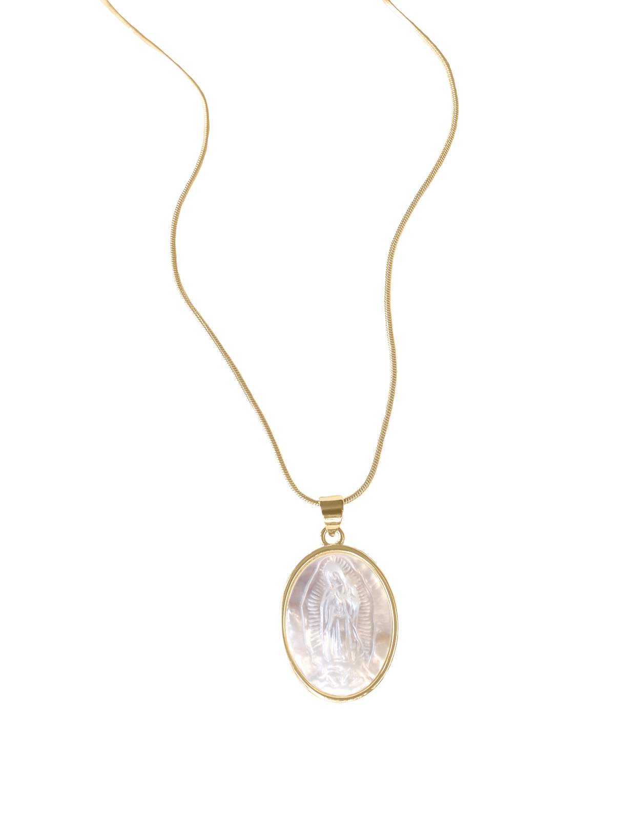 The Pippa Necklace by Kinsey Designs features a gold filled oval pendant with an engraved Madonna motif set on a mother-of-pearl background.