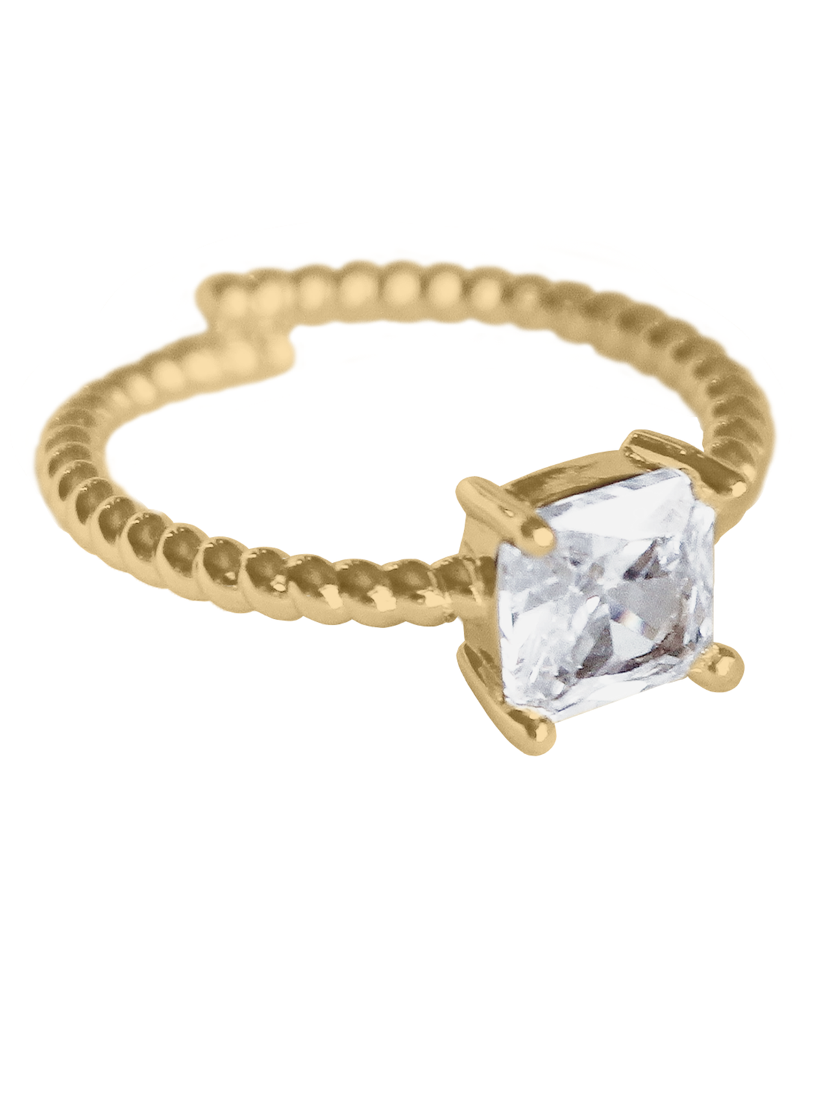 The Rose Ring by Kinsey Designs features a textured gold filled band and a large rectangular cubic zirconia gemstone in a four-prong setting.