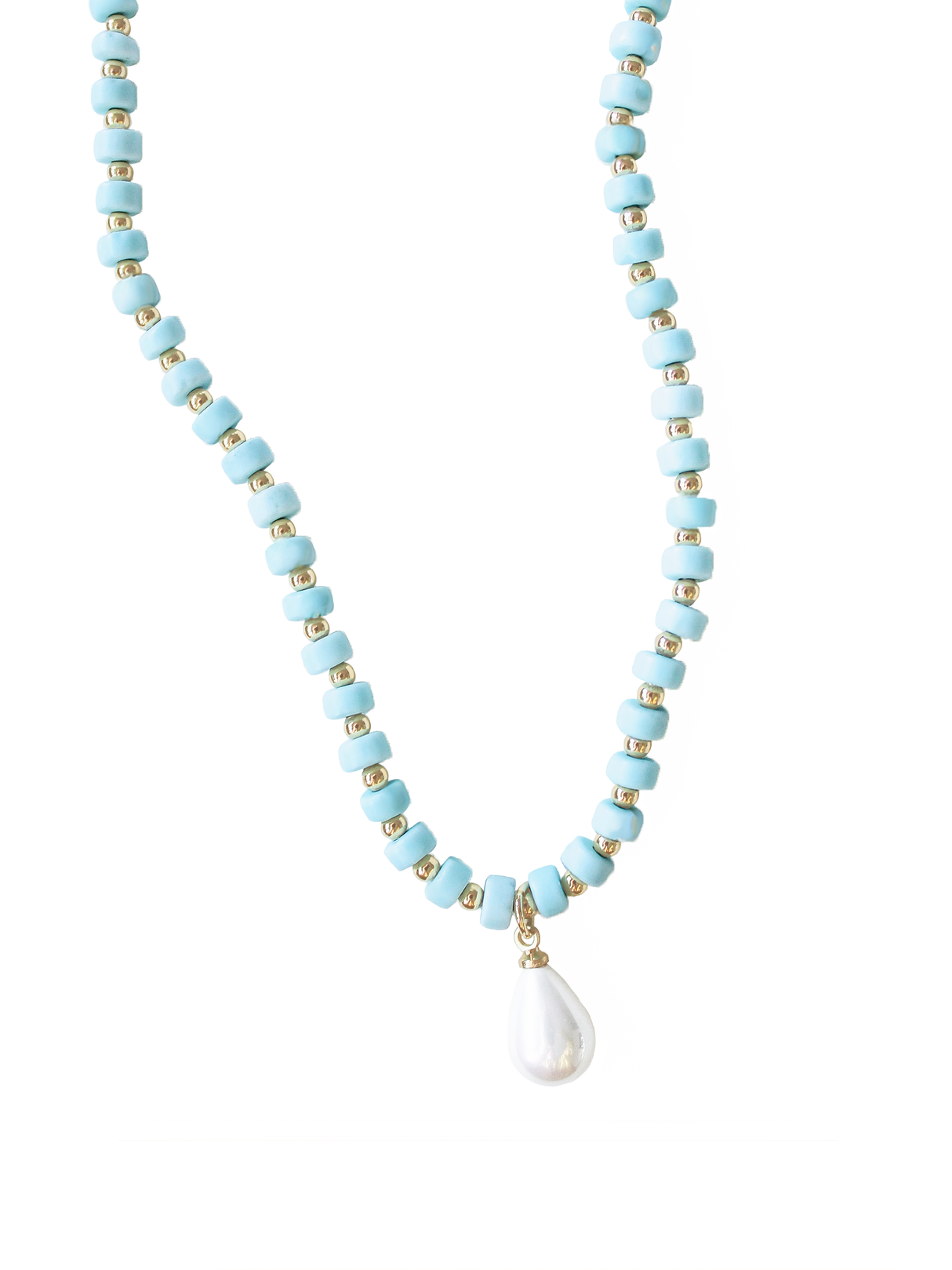 The Sailor Pearl Necklace by Kinsey Designs Archives features turquoise beads, gold accents, and a striking teardrop pearl pendant—perfect for adding coastal charm to any look.