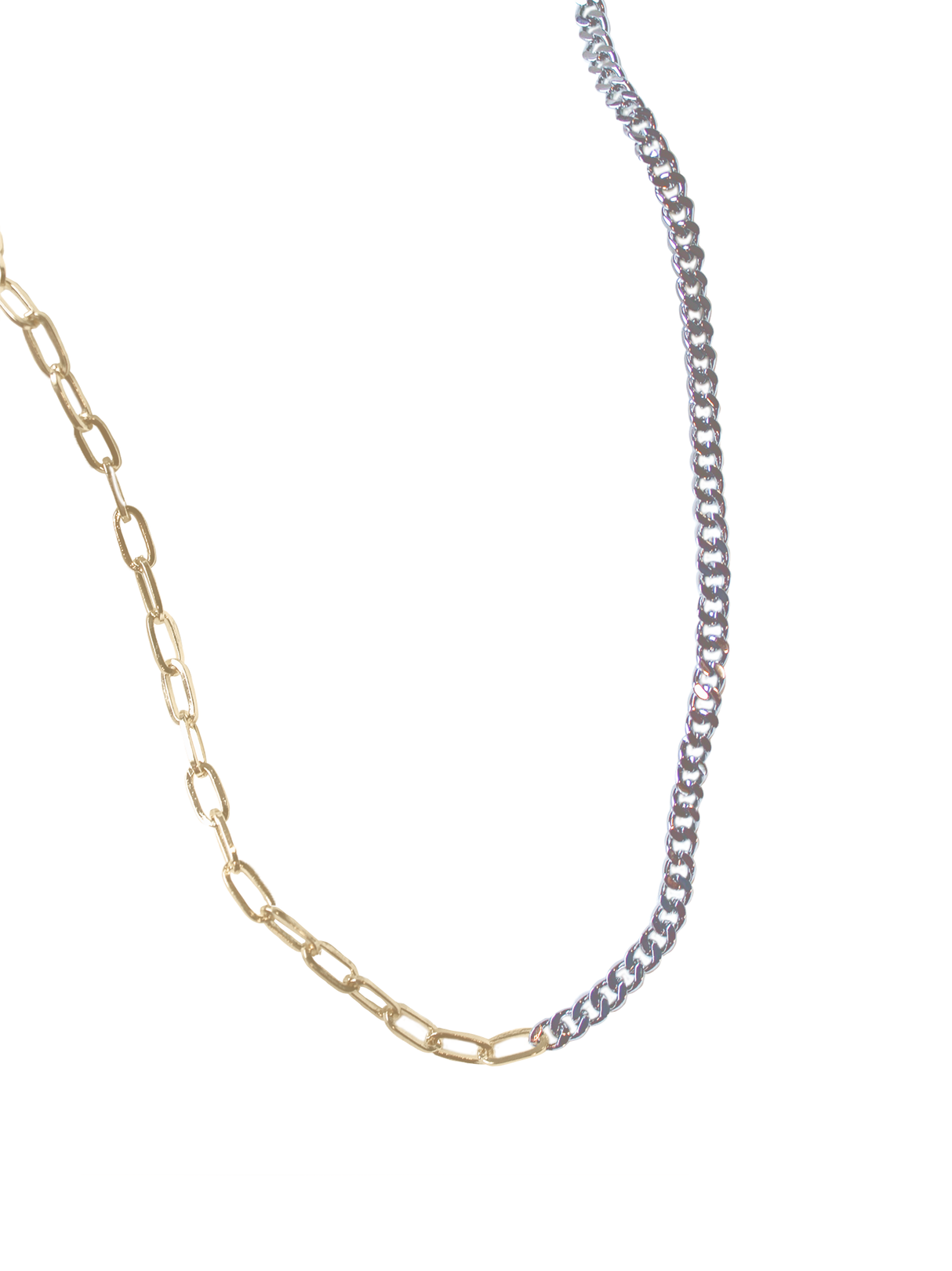 The Saxon Mixed necklace by Kinsey Designs Archives features gold oval and silver round links in a chic two-tone design. This 18" gold-filled chain, pictured on a white background, adds effortless style to any look—ideal for sample sale finds.