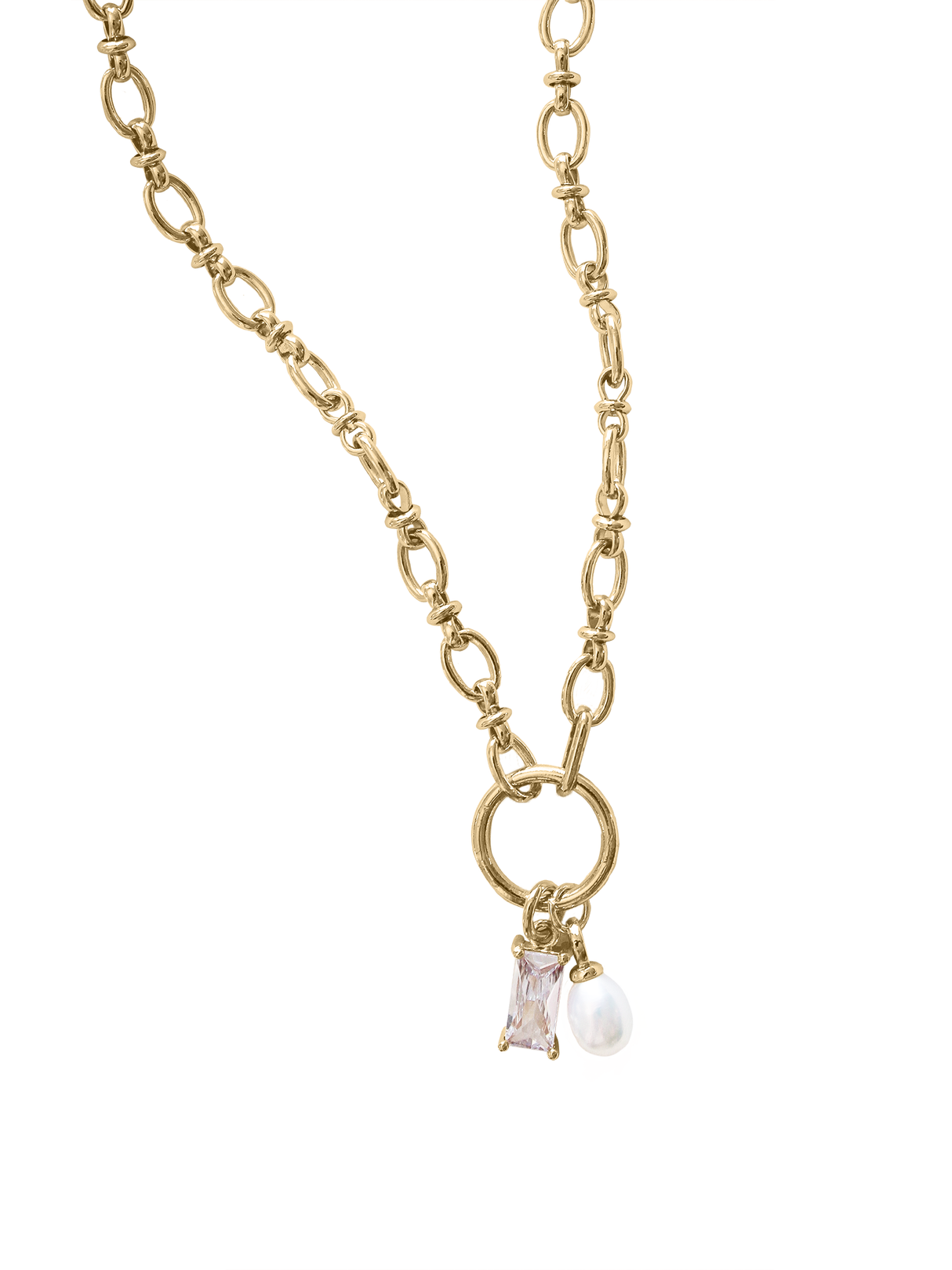 The Sophie Pearl Necklace by Kinsey Designs Archives features a gold-filled chain with a round clasp, a rectangular pink gemstone, sparkling cubic zirconia, and a white pearl charm.