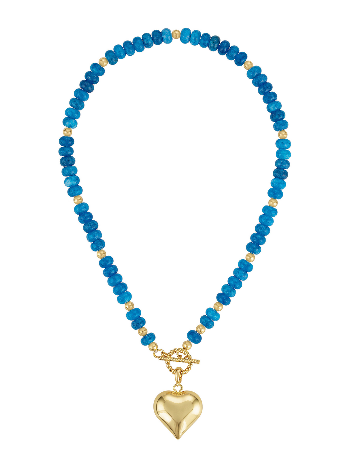 The Kinsey Designs Aspen Puffy Heart Gemstone Necklace features blue sodalite beads, gold accents, and a gold heart pendant, shown on a white background.