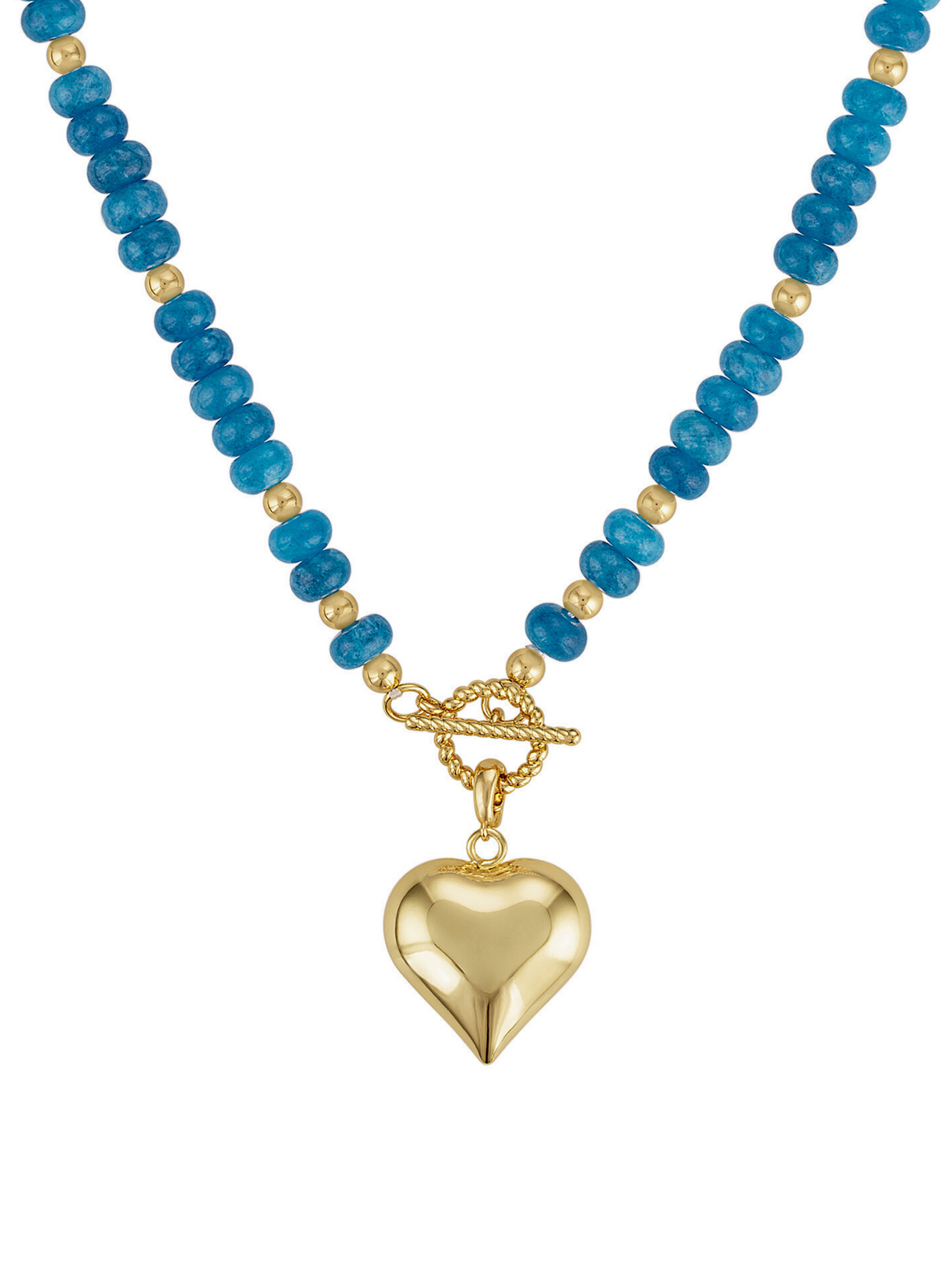 The Aspen Puffy Heart Gemstone Necklace by Kinsey Designs features blue sodalite beads, gold accents, a gold heart pendant, and a secure toggle clasp for an elegant look.