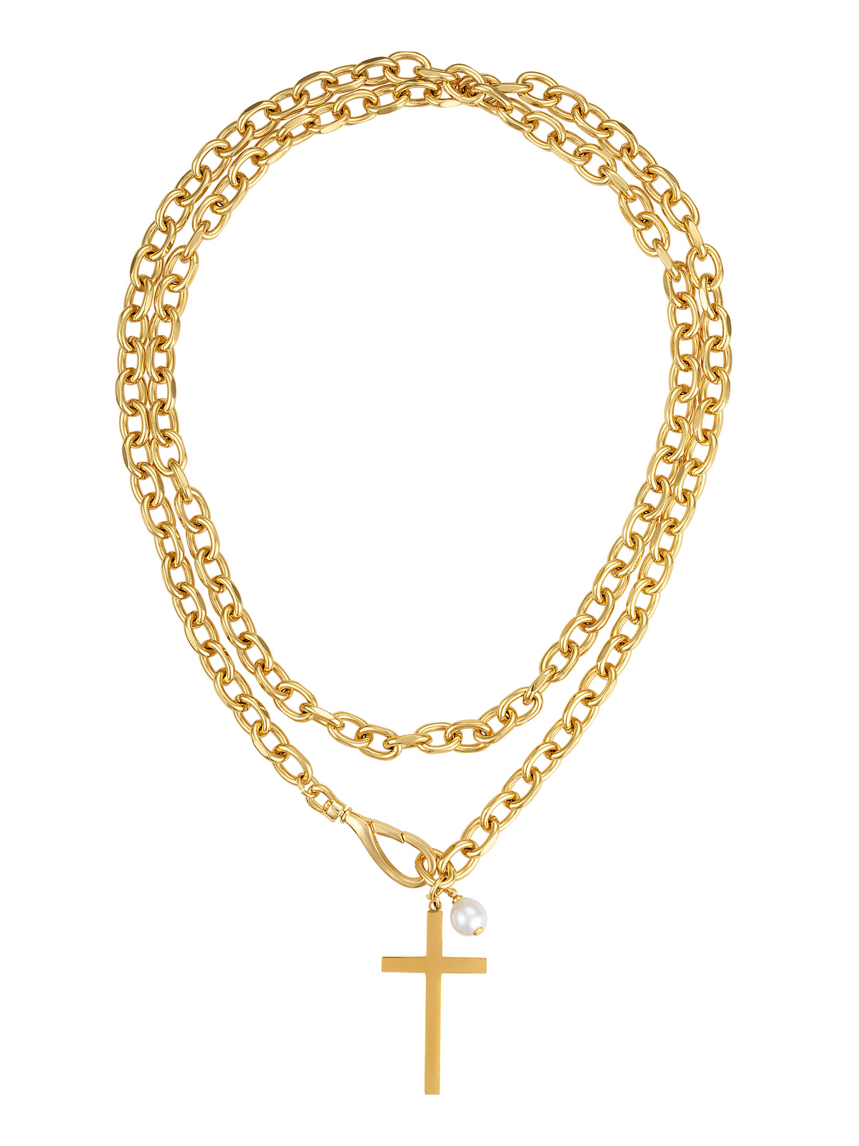 The Marigold Cross Wrap Necklace by Kinsey Designs features a gold double chain with a hammered cross pendant and small pearl charm.