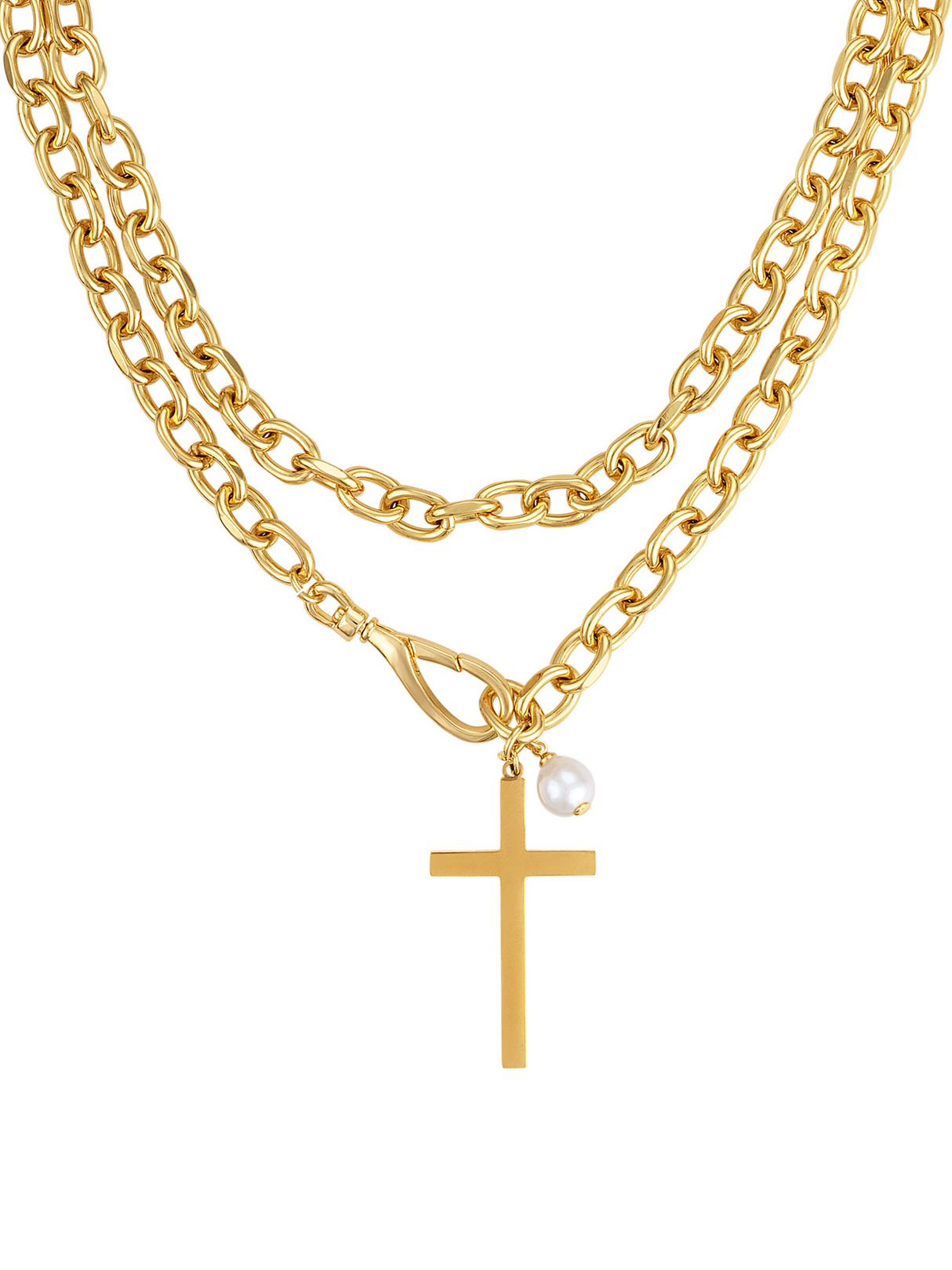 The Marigold Cross Wrap Necklace by Kinsey Designs features a gold chain with a cross pendant, small pearl charm, and vibrant red carnelian beads, displayed on a white background.