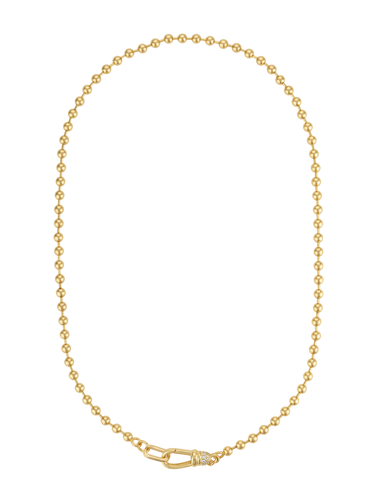 The Juniper Ball Chain Necklace by Kinsey Designs features a gold beaded design with a front clasp, elegantly displayed on a white background.
