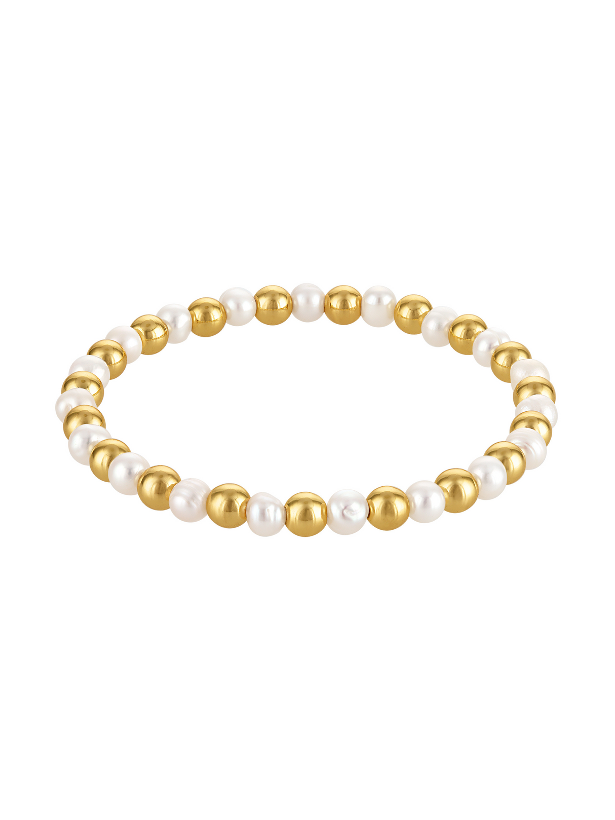 The Kinsey Designs Pearl and Gold Bead Alternating Stretch Bracelet features 4mm pearls and gold beads in an alternating pattern on a white background.
