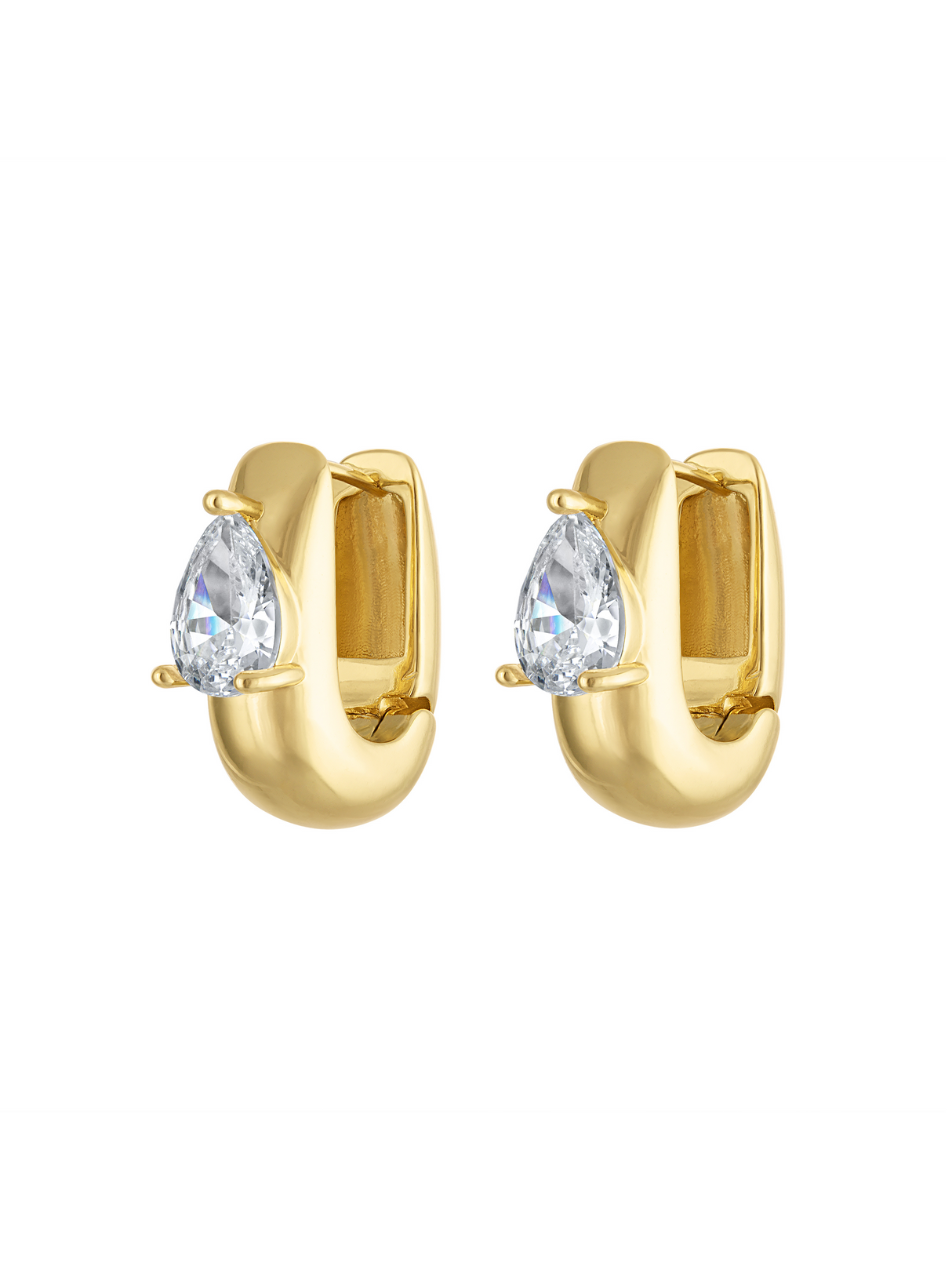 The Merrick Hoop Earring by Kinsey Designs features a gold U-shaped hoop with teardrop-shaped clear CZ gemstones in the center, shown on a white background.