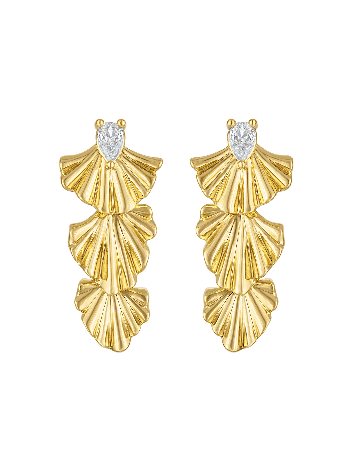 Kinsey Designs’ Drew Drop Fan Earrings feature three layered, fan-shaped segments with a teardrop-shaped white stone at the top, bringing elegant style to any look.