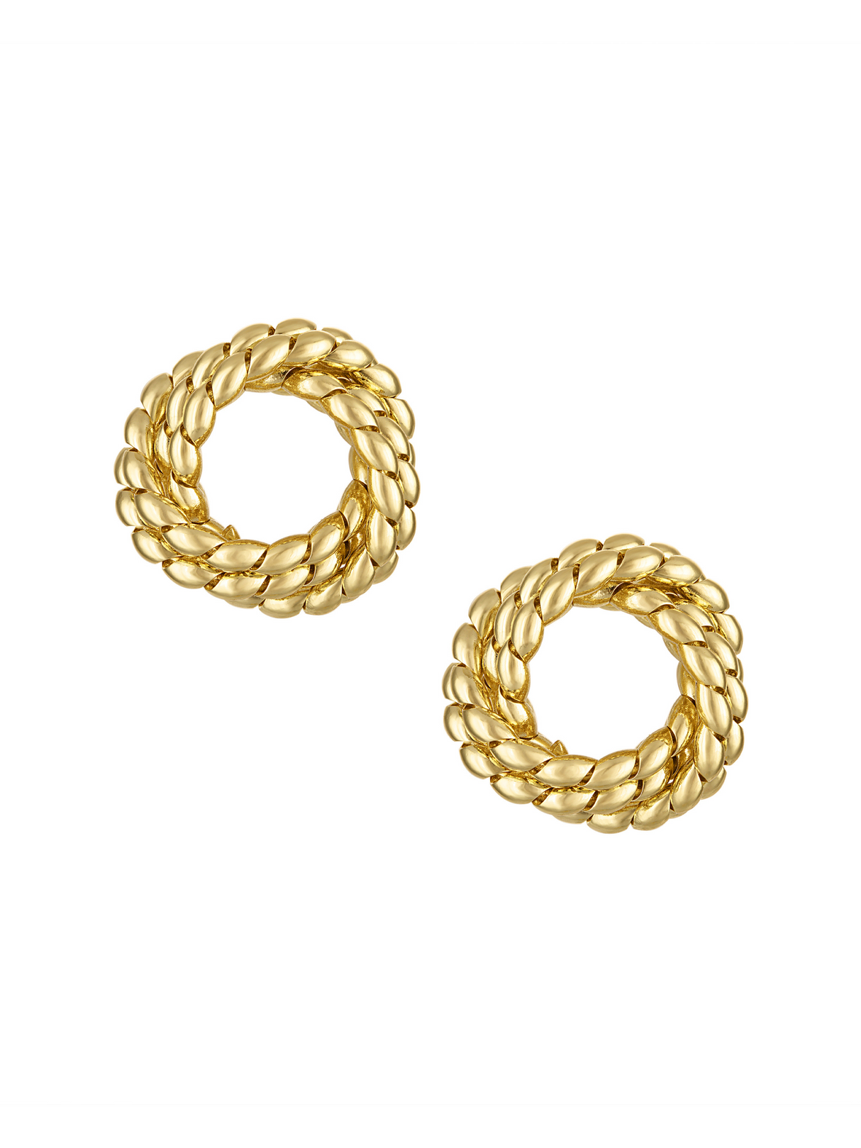 The Perry Braided Knot Earrings by Kinsey Designs feature a gold, twisted rope design in a circular shape, displayed on a white background.
