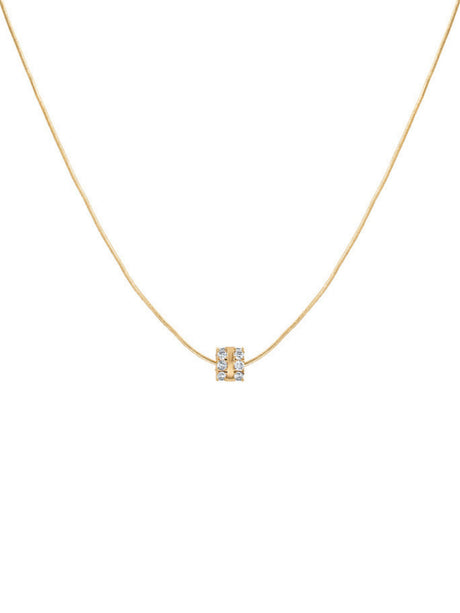 Gold chain necklace with a small, square, diamond-studded pendant centered on a white background.