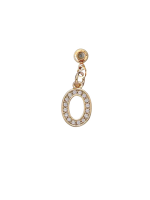 Gold earring from Kinsey Designs Collection featuring a dangling, rhinestone-studded Numerical Grip Charm Number 0 on a white background.