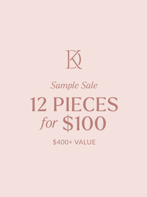 Text reads: "Kinsey Designs Sample Sale Mystery Box – 12 pieces for $100 ($400+ value). Final sale" 