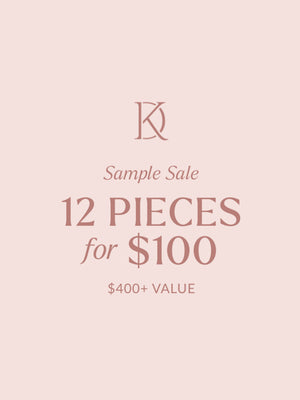 Text reads: "Kinsey Designs Sample Sale Mystery Box – 12 pieces for $100 ($400+ value). Final sale" 