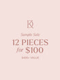 Text reads: "Kinsey Designs Sample Sale Mystery Box – 12 pieces for $100 ($400+ value). Final sale" 
