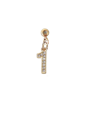 Kinsey Designs' Numerical Grip Charm: a gold number 1 pendant with sparkling cubic zirconia, perfect for your charm bar necklace. Shown on a white background.