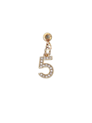 The Kinsey Designs Numerical Grip Charm is a gold bar necklace featuring a number 5 adorned with sparkling cubic zirconia, attached to a round gold stud.