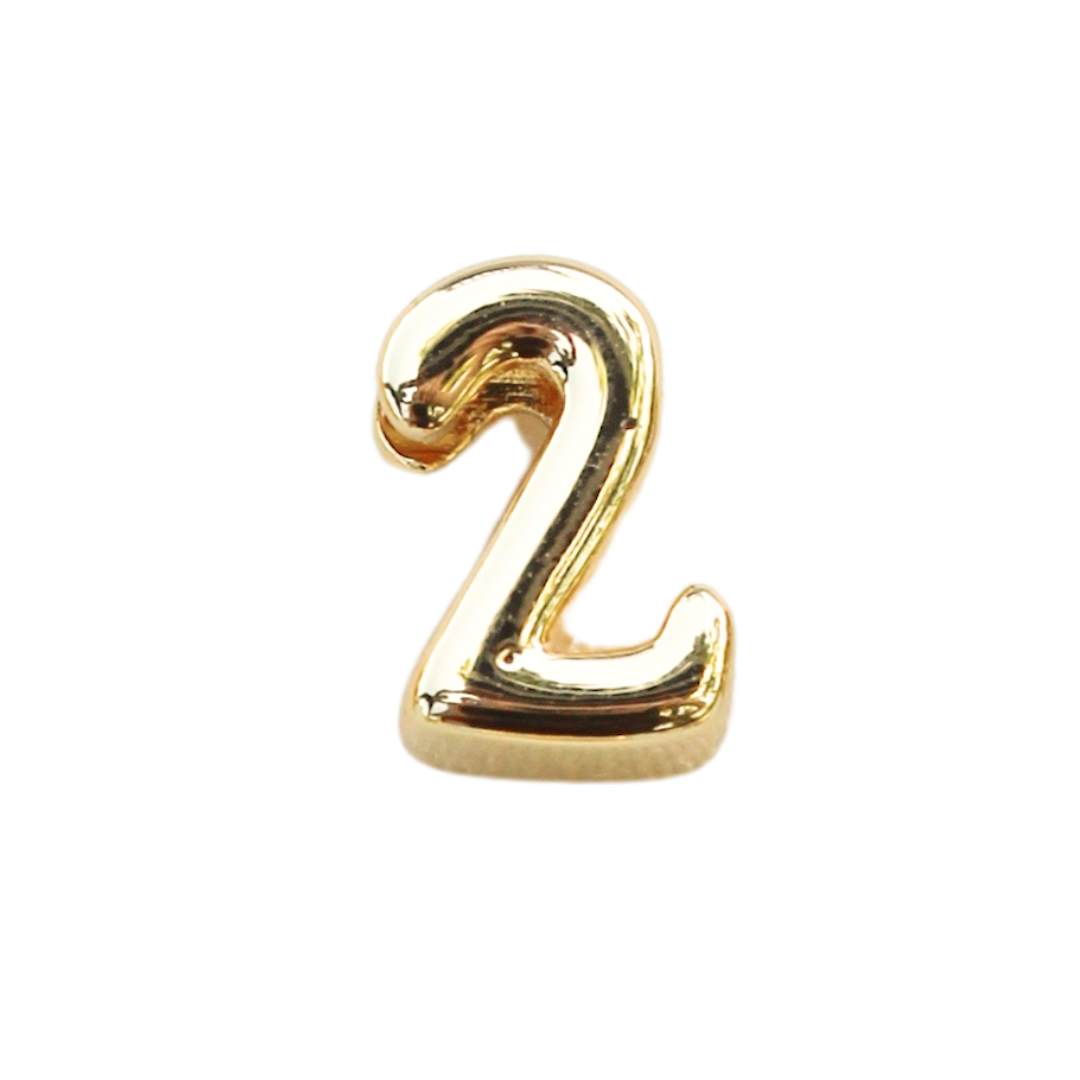 A gleaming gold-filled Numerical Slide "2" from the Kinsey Charm Bar collection, set against a pristine white background.