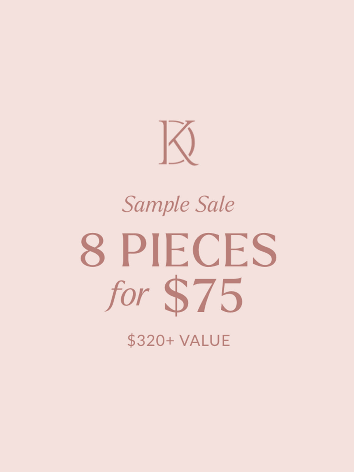 Text reads: "Kinsey Designs Sample Sale Mystery Box – 8 pieces for $75 ($320+ value). Final sale" 