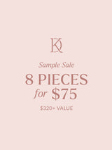 Text reads: "Kinsey Designs Sample Sale Mystery Box – 8 pieces for $75 ($320+ value). Final sale" 