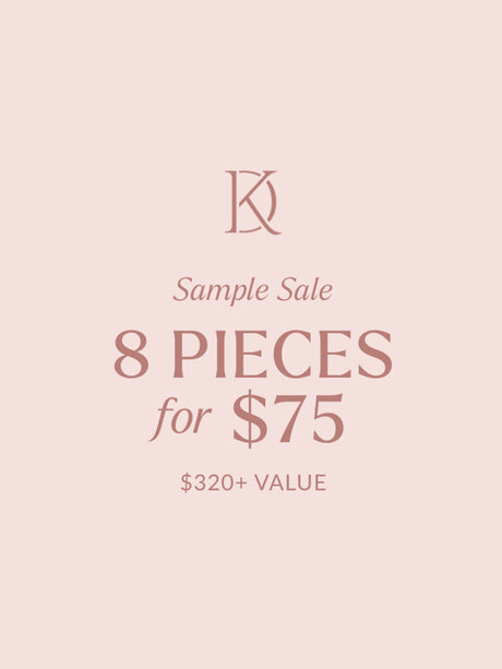 Text reads: "Kinsey Designs Sample Sale Mystery Box – 8 pieces for $75 ($320+ value). Final sale" 