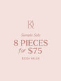 Text reads: "Kinsey Designs Sample Sale Mystery Box – 8 pieces for $75 ($320+ value). Final sale" 