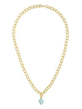 The Arista Shell Pendant Necklace by Kinsey Designs features a gold chain with a blue seashell-shaped pendant, making it the perfect beach accessory to add coastal charm to your style.