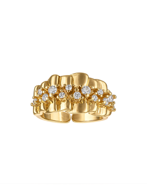 The Kinsey Designs Atticus Ring showcases clustered round white gemstones on a textured, overlapping gold band, creating a bold statement piece.