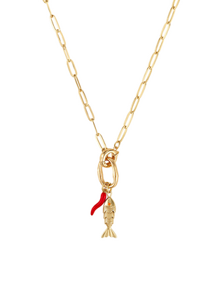 The Acqua Pazza Italian Fish Necklace by Kinsey Designs features a gold-tone fish pendant with a small red chili pepper charm—perfect for adding unique, playful elegance to your look.