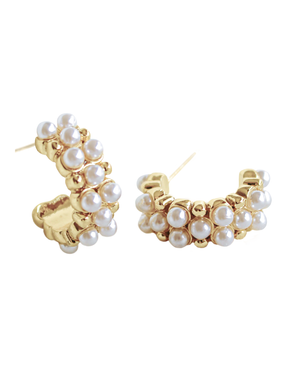 The Aeroine Pearl Hoops by Kinsey Designs feature gold-filled hoops decorated with clusters of small white pearls on the front and sides.