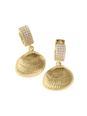 The Alana Huggies by Kinsey Designs Archives feature gold-filled, shell-shaped drops with textured details and pavé rhinestones—an elegant accessory for your next sample sale find.