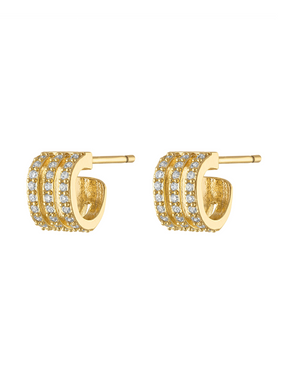 Aster Triple Curve Stud Earrings by Kinsey Designs feature three rows of sparkling stones on each gold earring, shown against a white background.