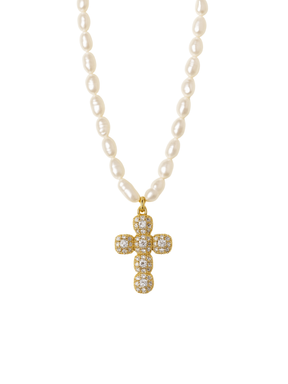 The Baldwin Pearl Necklace by Kinsey Designs showcases lustrous freshwater pearls and a gold-filled cross pendant with sparkling diamonds, beautifully set against a crisp white background.