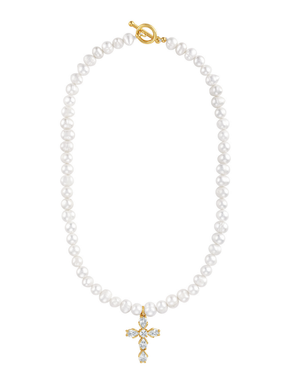 The Bellena Pearl Cross Necklace by Kinsey Designs features a crystal-studded cross pendant and gold toggle clasp, perfect for baptism jewelry. Shown on a white background for an elegant, timeless look.