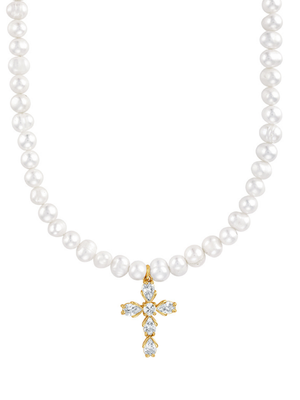 The Bellena Pearl Cross Necklace by Kinsey Designs features a crystal cross pendant—perfect as baptism jewelry or for special occasions.