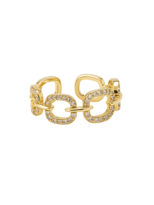 The Billie Ring by Kinsey Designs features interlocking gold filled square links, each set with sparkling cubic zirconia stones, shown on a white background.
