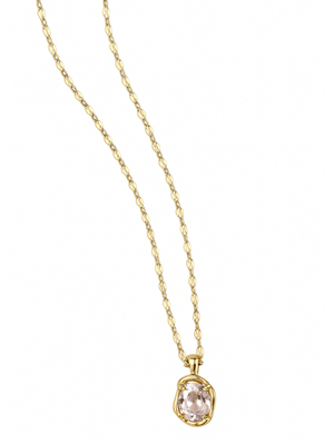 The Kinsey Designs Birdie Necklace features a gold-filled design with a round, faceted clear cushion CZ stone pendant in a gold setting, displayed against a white background.