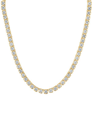The Blaire Square Tennis Necklace by Kinsey Designs features square-cut clear cubic zirconia gemstones evenly set along a gold chain, offering classic elegance and timeless style.